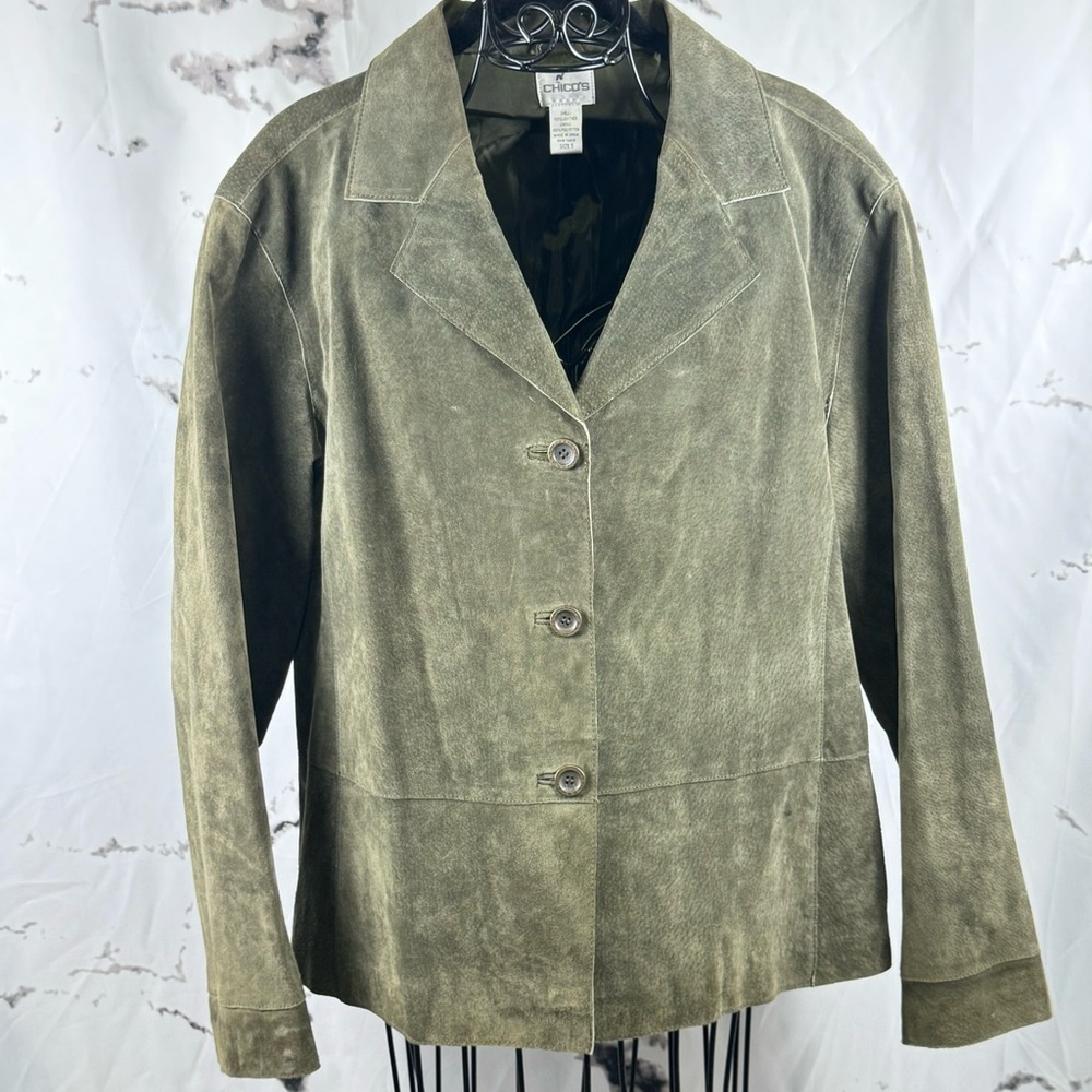 Chico's Palm Dessert Suede Jacket Olive Genuine Leather 3 Metal Button Front